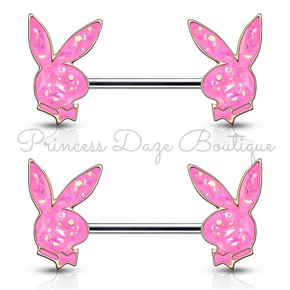 Playboy Rose Gold/ Pink Opal Barbell Nipple Ring